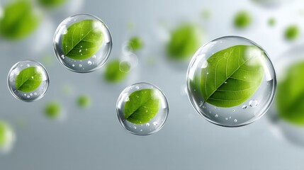 Poster - Green hydrogen infrastructure. Bubbles containing green leaves against a soft, blurred background.