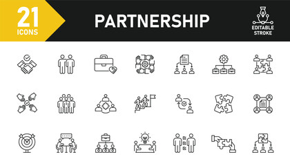 Wall Mural - Partnership line icon set. Set of 21 outline icons related to partnership, teamwork, collaboration, community, cooperation, support, team and others. Editable stroke. Vector illustration.