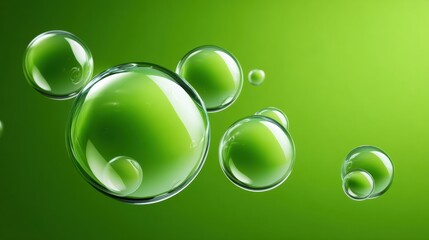 Poster - Green hydrogen infrastructure. Bubbles floating on a vibrant green background create a fresh and lively atmosphere.