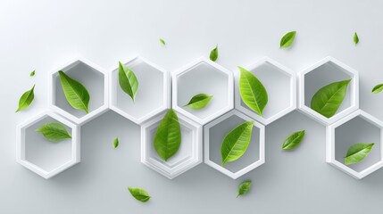 Poster - Green hydrogen infrastructure. Stylish hexagonal design with green leaves on a light background.