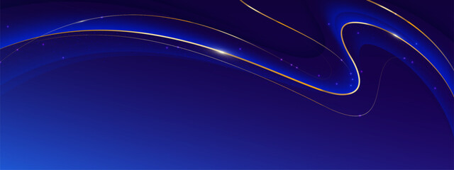 Poster - Luxury award ceremony backdrop with blue gradient waves, golden curved lines, sparkling particles and elegant flowing shapes. Premium celebration design for events, achievements and recognitions.