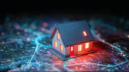 Aufkleber - Future of real estate and property investment glowing smart house model with advanced home technology, showcasing secure network connection on futuristic digital grid