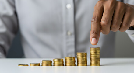 Poster - Hand Arranging Gold Coins in Ascending Stacks Representing Financial Growth and Investment on White Table