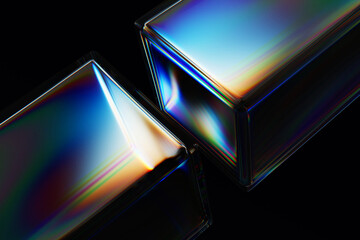 Poster - Abstract black 3d background, glass translucent cube blocks with rainbow light prism effect. Iridescent crystal diagonal pattern. Vibrant rectangle shapes, digital technology design. 3D illustration