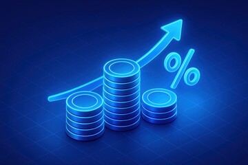 Poster - Financial Growth: An illustration of financial growth, depicting stacked coins, an upward-pointing arrow, and a percentage symbol, all rendered in a captivating neon blue against a dark backdrop.