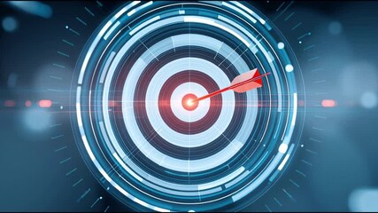 Poster - Arrow hitting glowing futuristic target bullseye on dartboard, an illustration of business success, achieving goal with marketing accuracy, precision, and focus strategy