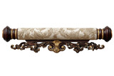 Elegant Ornate Gold and Brown Wooden Curtain Rod with Fabric Roller, isolated on a transparent background