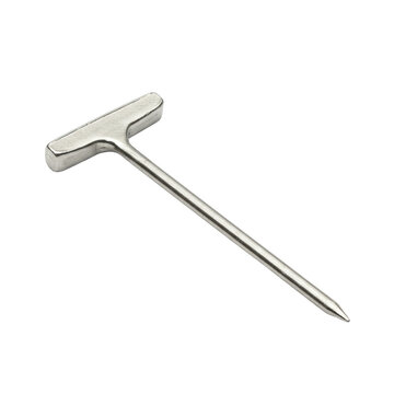 A single, shiny silver-toned upholstery T-pin with a flat top and sharp point, rendered in ultra-realistic 3/4 view against a transparent background, perfectly isolated. E-commerce product photography