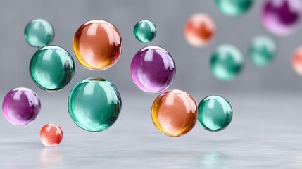 Poster - Colorful array of glass spheres are floating in the air. The spheres are of various sizes and colors, creating a vibrant and dynamic scene. Concept of movement and energy