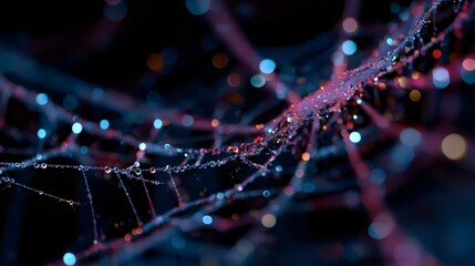 A close-up of a spider web adorned with colorful droplets of water, creating a mesmerizing, dreamy effect.