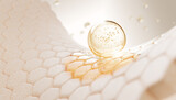 3d dry skin with oil drop texture. Epidermis surface with hexagon cell pattern, gold liquid bubble and stain of serum, collagen gel, hyaluronic essence. Cosmetic skincare background. 3D illustration