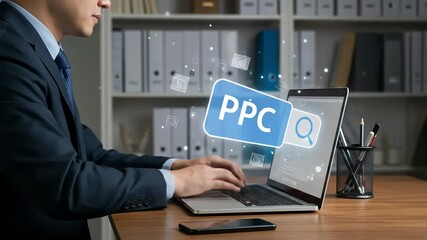 Poster - Man uses laptop; PPC graphic