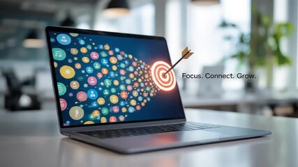 Poster - Laptop displays social icons converging to target