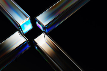 Poster - 3d glass rectangle block shapes with neon glowing on black render background. Futuristic digital technology banner, data network connection lines. Abstract gradient geometric pattern. 3D illustration