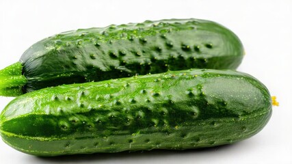 Poster - Two fresh green cucumbers sitting on a clean white surface, great for food or still life photography