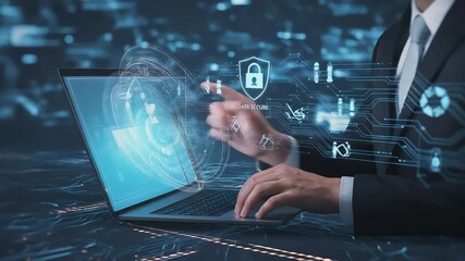 Poster - Cyber security on laptop with digital shield and circuit board design