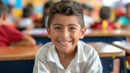 Aufkleber - A young boy sits at a desk in a typical classroom setting
