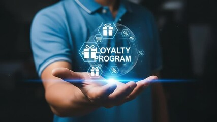 Poster - Loyal Program Man's palm displays floating benefits icons