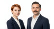 © mumtaz - Professional business team of man and woman dressed in formal suits standing confidently in a studio setting with a plain white background for corporate and professional use
