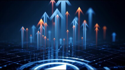 Poster - Glowing arrow moving upward on digital grid, futuristic concept symbolizing technology and finance progress, business growth, investment development and market success