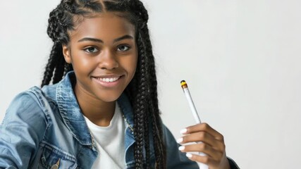 Aufkleber - A young girl sits at a desk with a pencil, ready for learning or creativity
