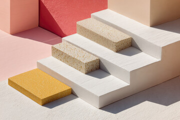 Aufkleber - White staircase with terrazzo steps, yellow platform, and pink walls in soft sunlight, creating modern, minimal, geometric, and cheerful abstract scene