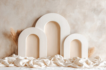 Aufkleber - Arched decor textured clay wall neutral boho style minimalist interior pampas grass soft fabric modern home cozy atmosphere natural color palette serene mood