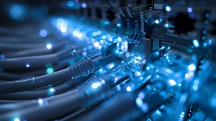 Poster - A network switch with glowing blue data cables in an internet server room