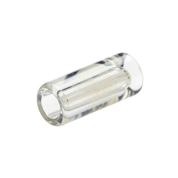 A single, perfectly formed, translucent glass tube bead with a luminous sheen and precise cylindrical dimensions, on a transparent, isolated background, studio shot, concept for material purity