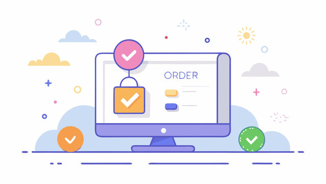 Illustration of a computer screen displaying an order with check marks and pastel colored clouds around it