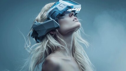 Poster - An attractive young woman wearing sleek, futuristic virtual reality glasses