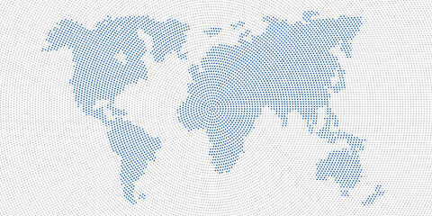 Poster - Abstract digital world map of blue dots on white background. Futuristic technology concept for global data communication. Backdrop for tech presentations or infographics. Vector illustration.