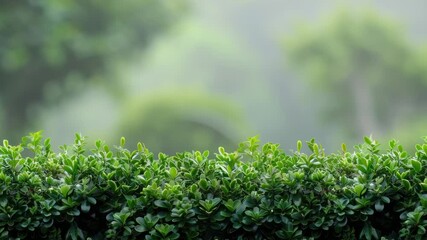 Leinwandbilder - A bird perched on top of a dense green hedge, ready to take flight
