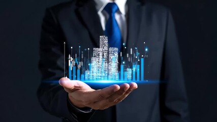 Poster - Businessman holding city and data graph in hand