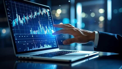 Poster - Laptop displaying finance graph, hand touching the screen