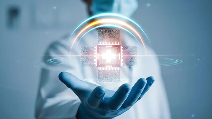 Poster - Medical professional presents a futuristic technology concept with glowing circuits and a cross.