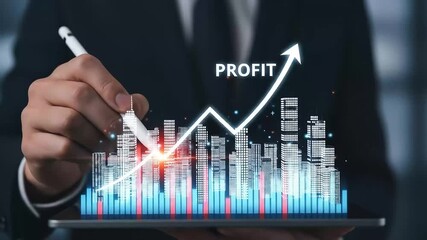 Poster - Rising profits are visualized with an upward trending arrow over a digital cityscape display.