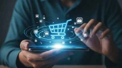 Poster - Online shopping concept with a person using a mobile device for e-commerce transactions.