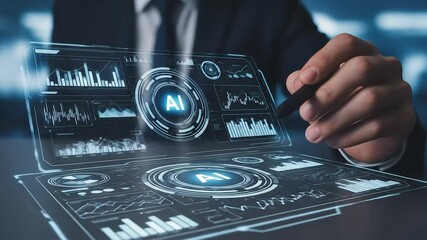 Poster - Futuristic interface displays data as a hand interacts with the glowing interactive screen.
