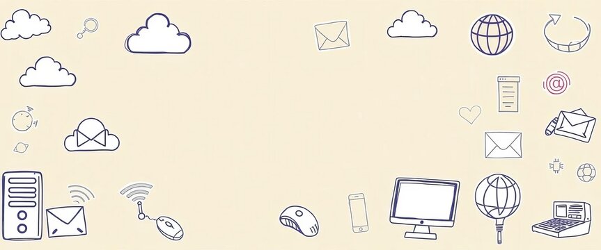 Whimsical, sketchy internet icons & symbols; clouds, servers, wifi, email, mouse,  laptop,  phone,  globe,  etc  Drawn with playful lines,  digital,  symbol