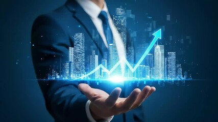 Poster - Rising economy presented by a business person with a city skyline and upward trend
