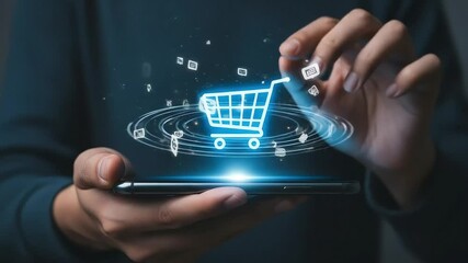 Poster - Online shopping concept with a person using a smartphone to browse and purchase goods.