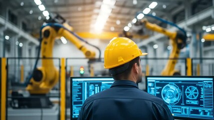 Poster - Engineer monitors robotic arms in a modern factory for quality control and efficiency.