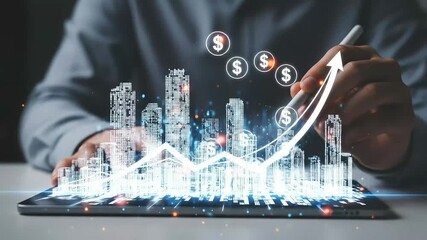 Poster - Digital cityscape growth chart projected on a tablet shows financial success and progress.