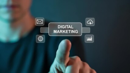 Poster - Finger touches a futuristic interface displaying digital marketing concepts and data insights.
