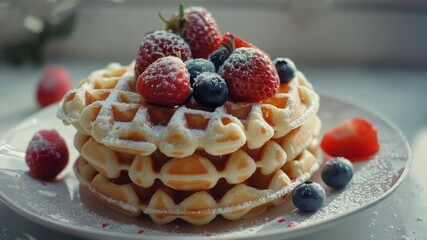 Aufkleber - A delicious breakfast or brunch option, this image shows a stack of waffles topped with fresh berries and powdered sugar