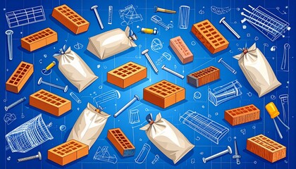 Design elements featuring bricks and construction tools set against a blue background
