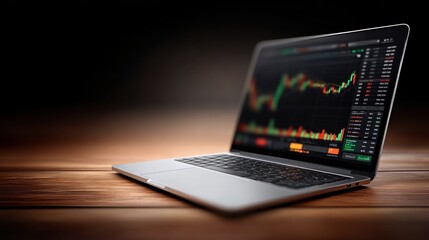 Poster - person engages in financial analysis using a laptop that shows vibrant stock market data in a dark setting. screen highlights various graphs and trends to aid decision-making