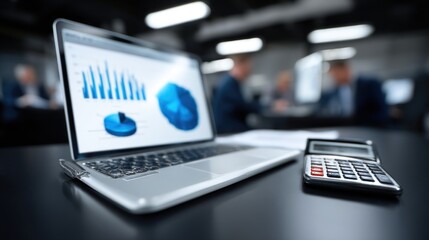 Poster - laptop displaying graphs and charts sits on a desk next to a calculator, highlighting a business meeting focused on data analysis. Background figures engage in discussion