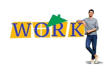 Aufkleber - Trend artwork poster composite sketch collage of job employee manager workspace isolated house roof young man stand finger show banner